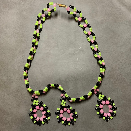 Neon Pink & Green Floral Beaded Tri-Pendant Necklace