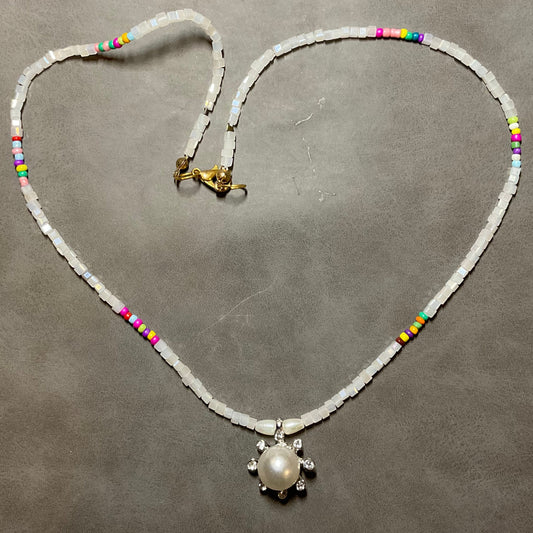 Pearl & Crystal Pendant Necklace with Iridescent Beads