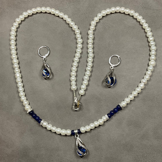 Pearl and Sapphire Crystal Pendant Set